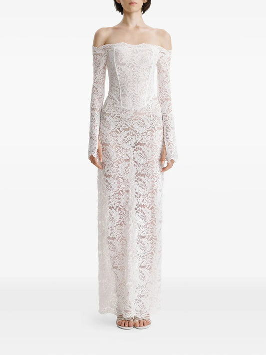 2310 Studio Lace Corset Off Shoulder Maxi Dress — White — Size S — Front View