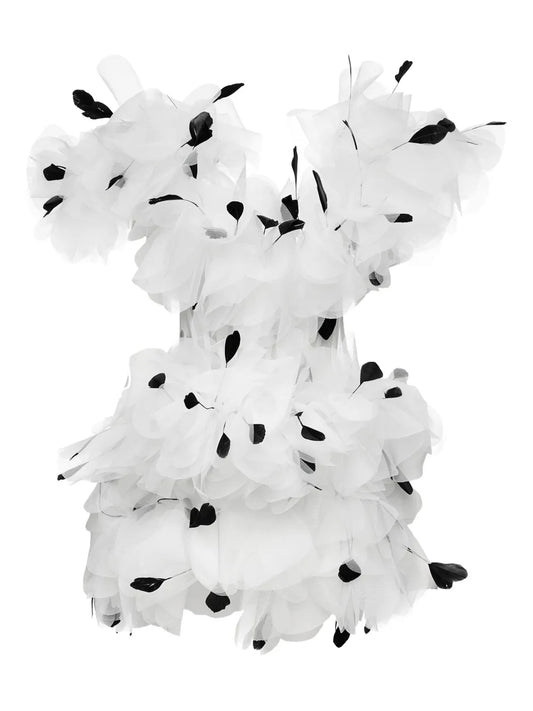 Ana Radu Feather Embellished Ruffled Dress — Black/ White/ Red — Size XS — Front View