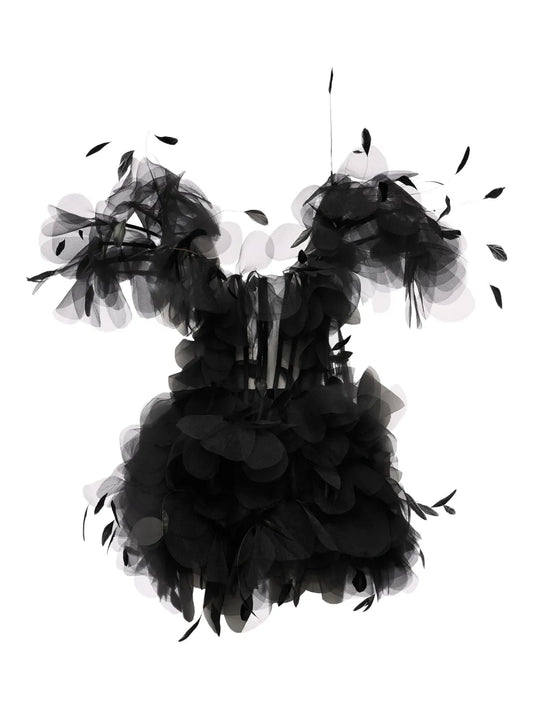 Ana Radu Feather Trimmed Ruffled Dress — Black/ Red — Size XXL — Front View