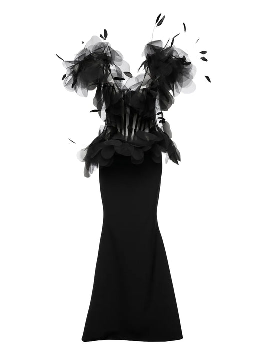 Ana Radu Feather Embellished Corset Maxi Dress — Black — Size S — Front View