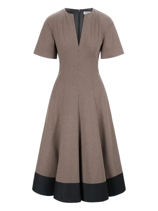 Staud Houndstooth Neck V Neck Midi Dress — Brown — Size XS — Front View