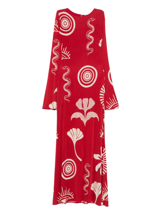 Cala De La Cruz Amay Snake Graphic Print Maxi Dress — Red — Size S — Front View