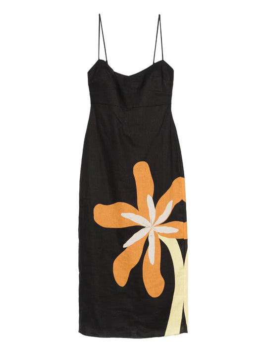 Cala De La Cruz Flower Strapped Midi Dress — Black — Size S — Front View