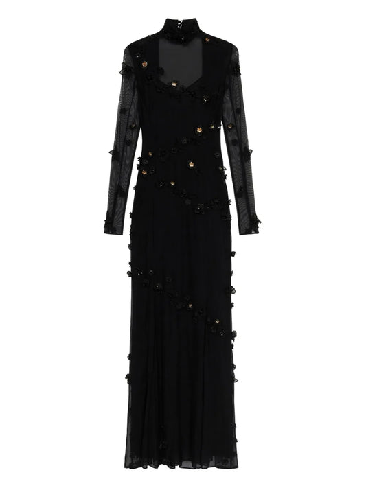 Blumarine Floral Embellished Maxi Dress — Black — Size XS — Front View