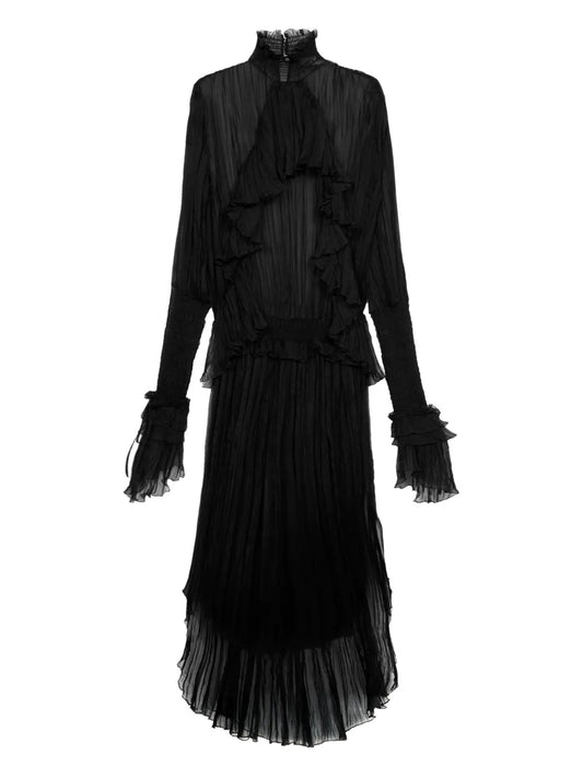 Blumarine Pleated Ruffled Maxi Dress — Black — Size XS — Front View