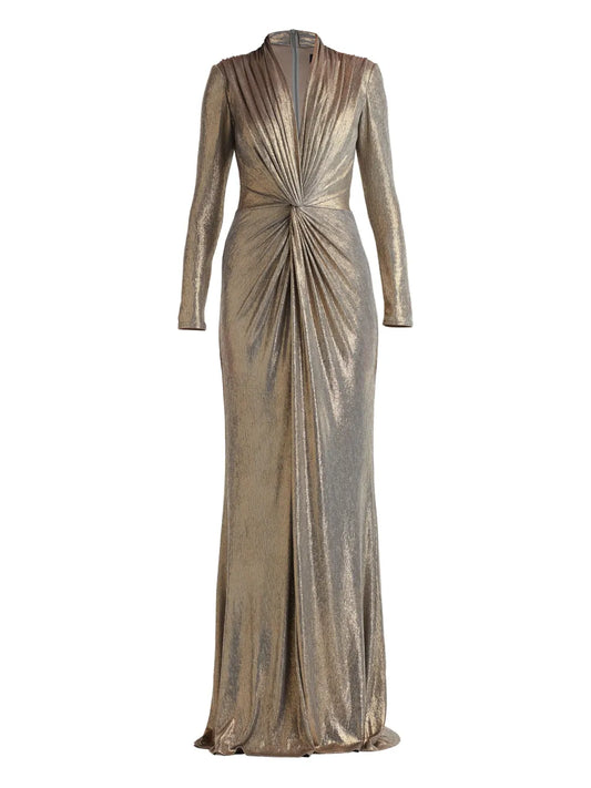 Tadashi Shoji Pleated Knot Front Maxi Dress — Gold — Size S — Front View