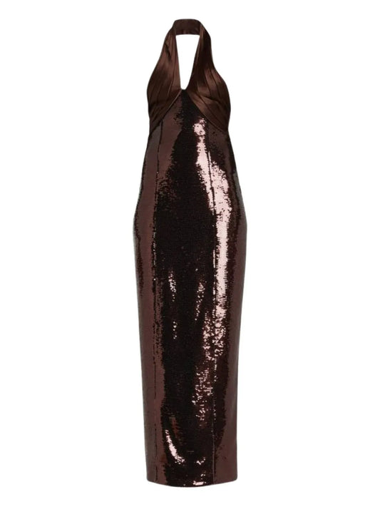 Retrofete Sequin Halterneck Midi Dress — Brown — Size S — Front View