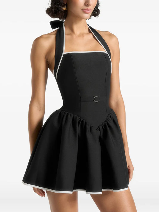 Maniere De Voir Roxana Halter Neck Peplum Mini Dress — Black — Size XS — Front View