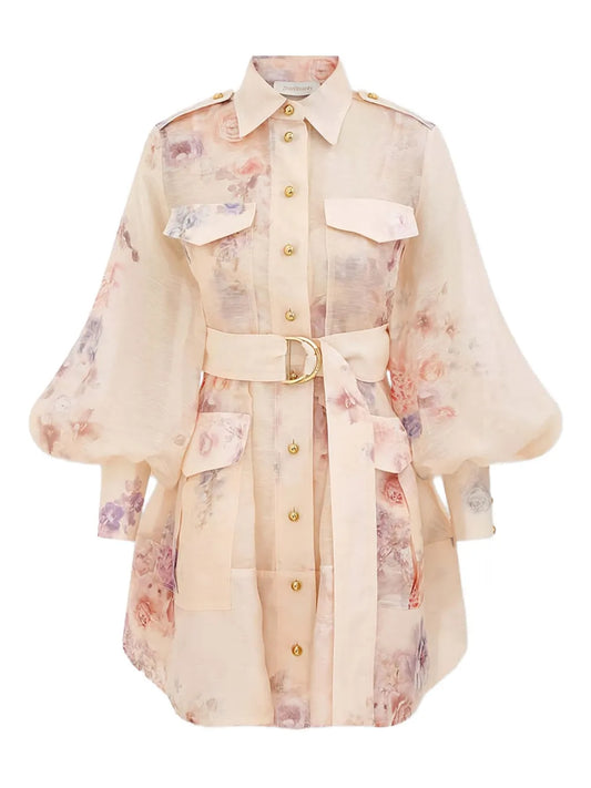 Zimmermann Floral Print Belted Mini Dress — Cream — Size S — Front View