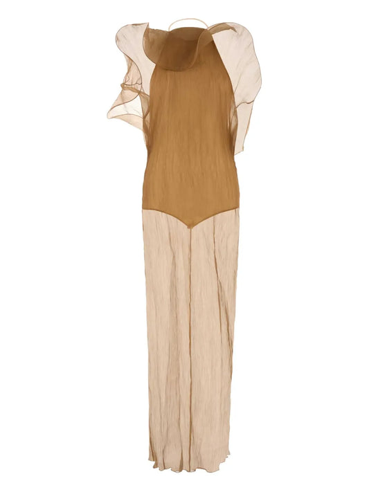 Magda Butrym Ruffled Crepe Maxi Dress — Beige — Size XS — Front View