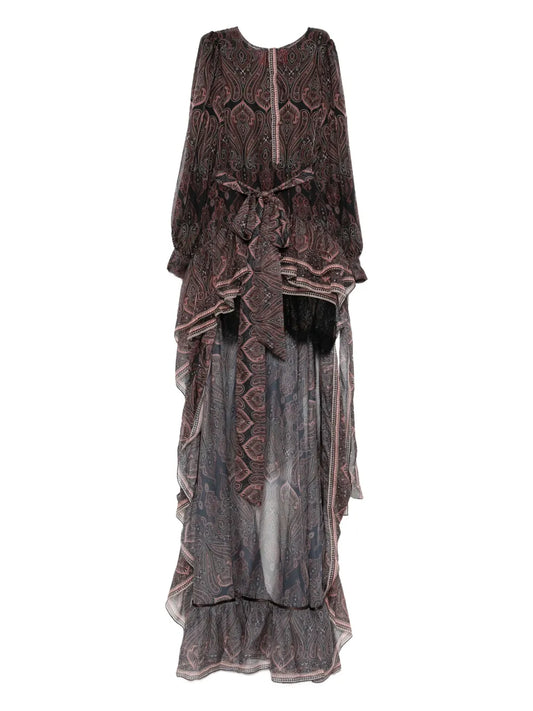 Miau By Clara Rotescu Paisley Print Ruffle Hem Asymmetric Dress — Black — Size XS — Front View