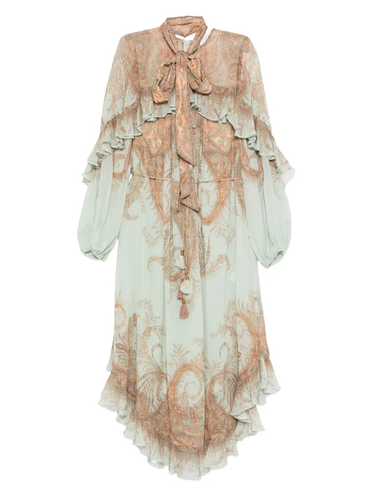 Zimmermann Paisley Print Ruffled Dress — Blue — Size S — Front View