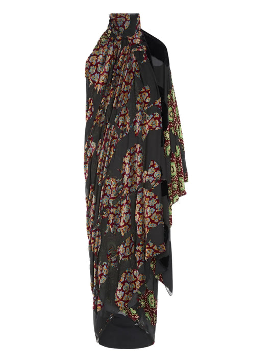 Dries Van Noten Patchwork Asymmetric Maxi Dress — Black — Size XS — Front View