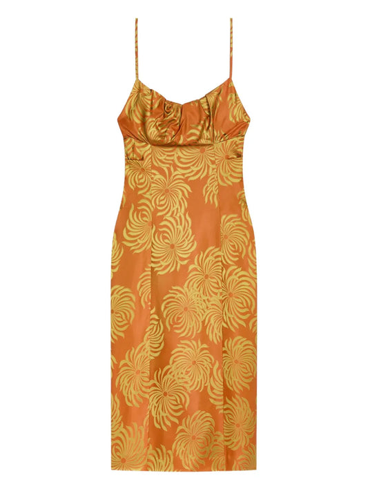 Dries Van Noten Geometric Pattern Midi Dress — Orange — Size S — Front View