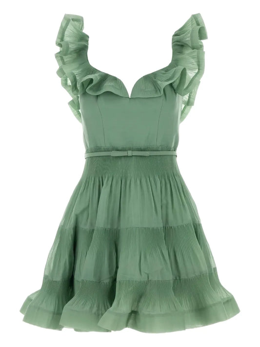 Zimmermann Pleated Ruffled Mini Dress — Red/ Green — Size XS — Front View