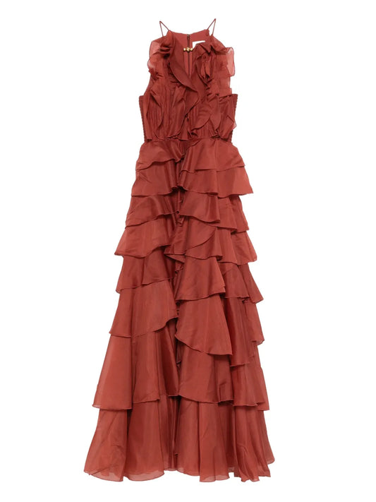 Aje Cleo Ruffled Tiered Maxi Dress — Red/ Gold — Size XS — Front View