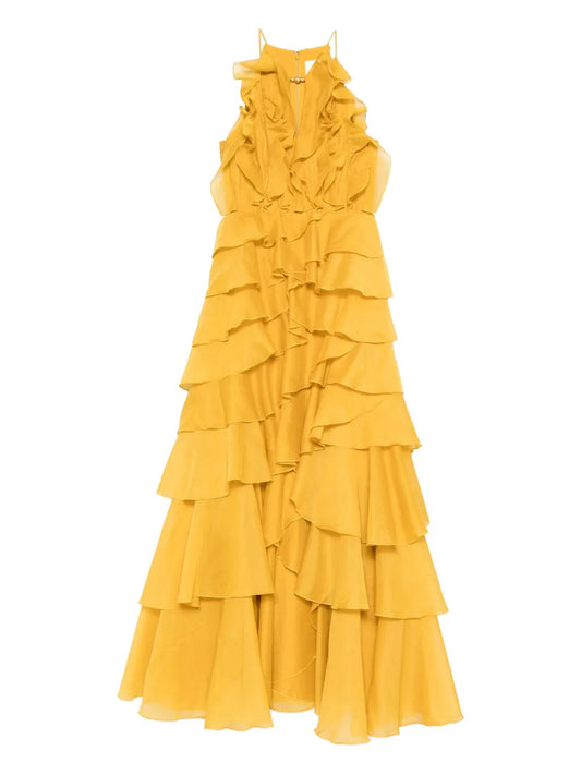 Aje Cleo Ruffled Gown Maxi Dress — Red/ Yellow/ Gold — Size XS — Front View