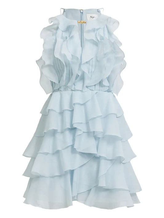 Aje Cleo Ruffled Tiered Mini Dress — Blue/ Red/ Gold — Size M — Front View