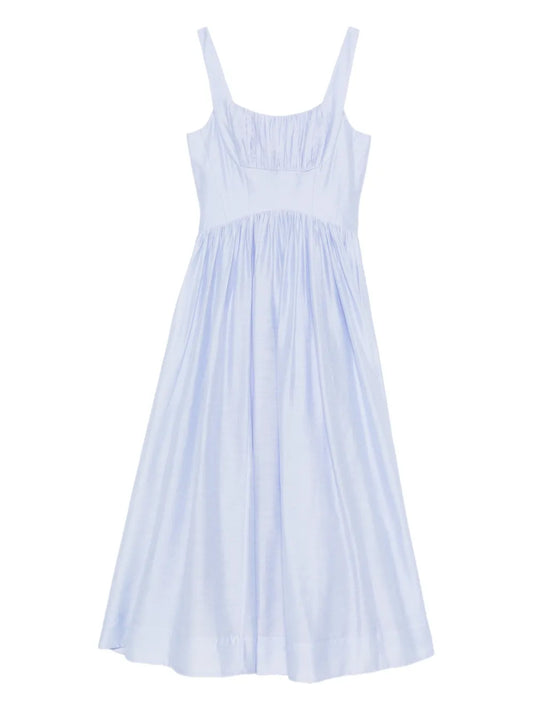 Aje Mist Ruched Midi Dress — Blue/ Red — Size XS — Front View