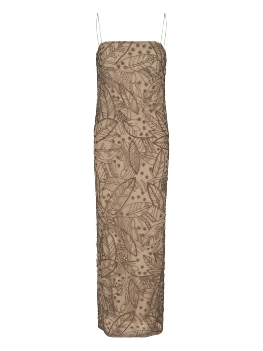 Lauren Ralph Lauren Leaf Pattern Beaded Dress — Beige — Size S — Front View