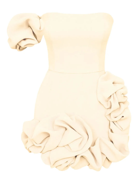 Post Meridiem One Shoulder Ruffled Mini Dress — Cream — Size XS — Front View