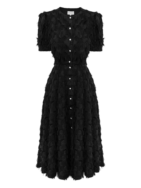 Post Meridiem Fringe Puff Sleeve Midi Dress — Black — Size XS — Front View