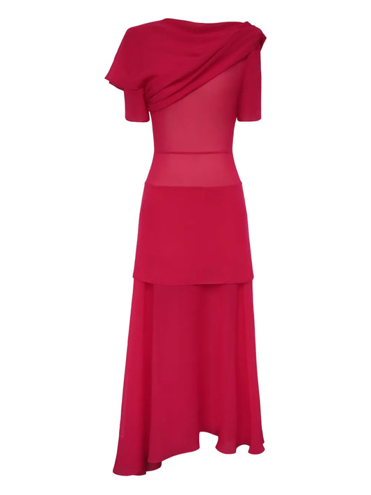 Post Meridiem Asymmetrical Draped Midi Dress — Red — Size M — Front View