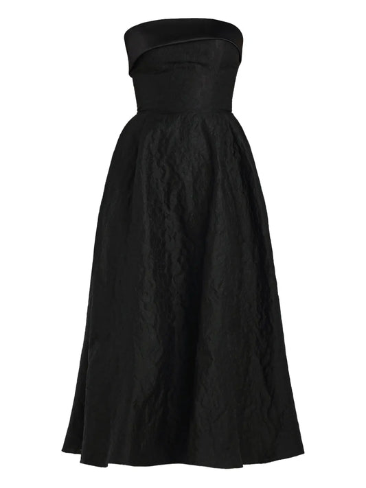 Post Meridiem Jacquard Satin Panel Midi Dress — Black — Size XS — Front View