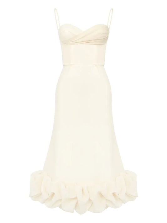 Post Meridiem Draped Bodice Flounced Hem Midi Dress — Ivory — Size XS — Front View