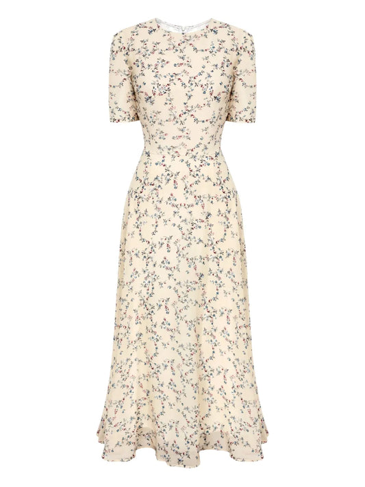 Post Meridiem Puff Sleeve Floral Midi Dress — Red/ Yellow — Size XS — Front View