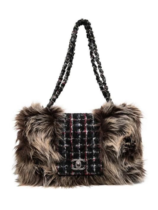 Chanel Pre Owned Classic Flap Faux Fur Tweed Shoulder Bag — Same as shown — Size One Size — Front View