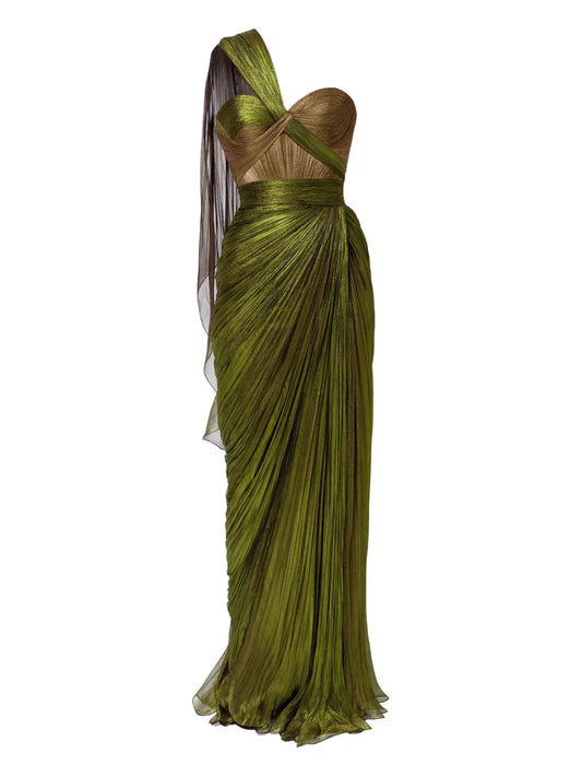 Iris Serban Draped One Shoulder Dress — Green/ Olive — Size S — Front View