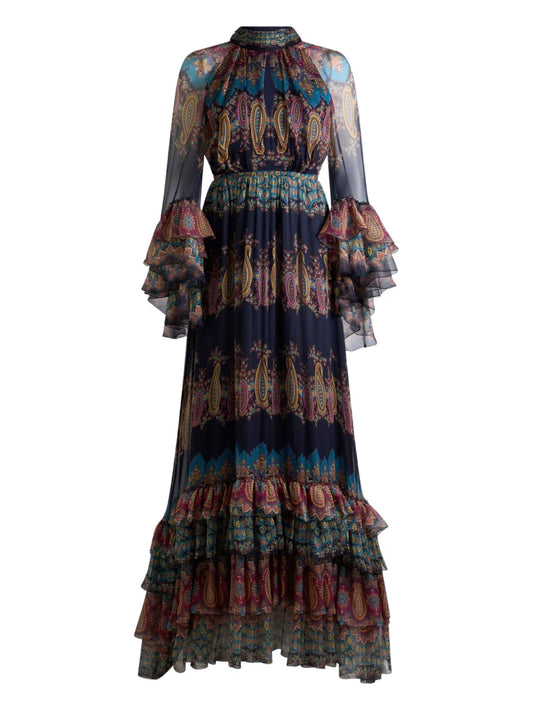 Etro Paisley Print Ruffled Maxi Dress — Blue — Size XS — Front View