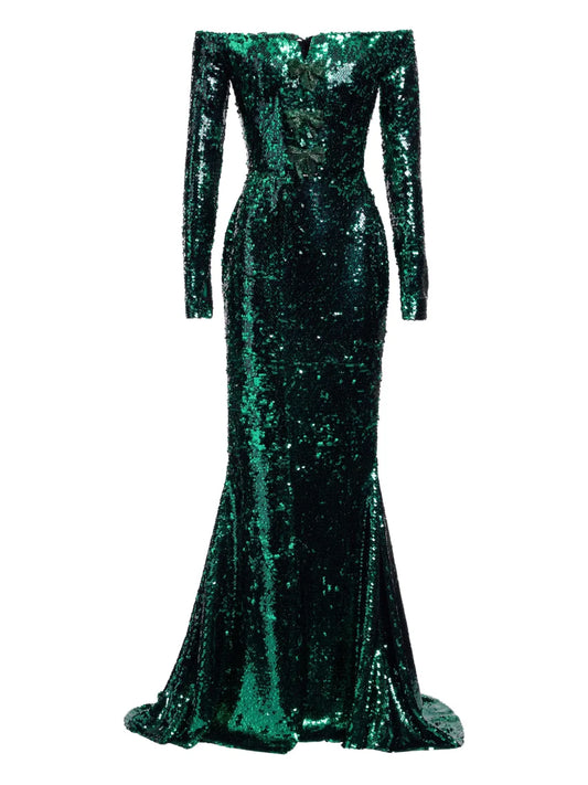 Elie Saab Embellished Off The Shoulder Maxi Dress — Green — Size XS — Front View