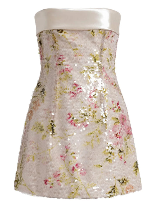 Alberta Ferretti Sequin Floral Mini Dress — Beige — Size XS — Front View