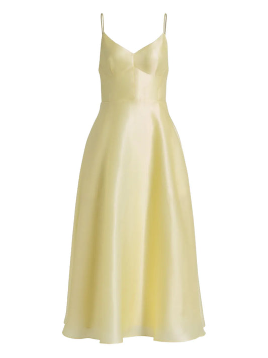 Alberta Ferretti Spaghetti Strap V Neck Midi Dress — Yellow — Size S — Front View