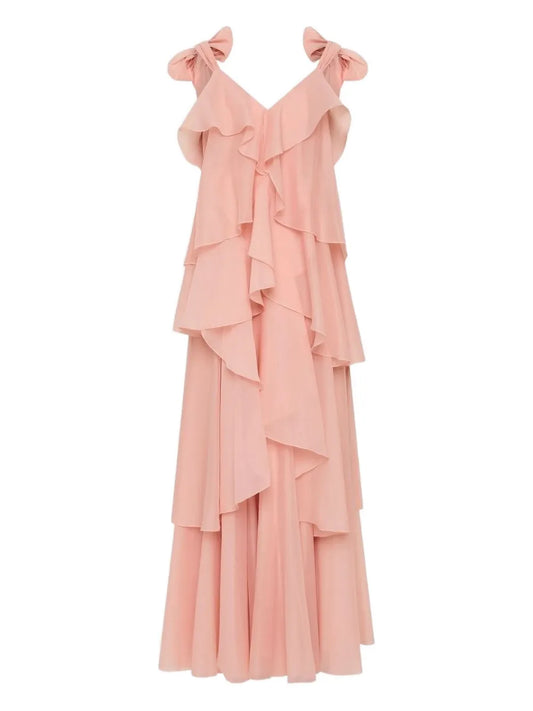 Aje Gracie Ruffled Bow Maxi Dress — Pink — Size XS — Front View