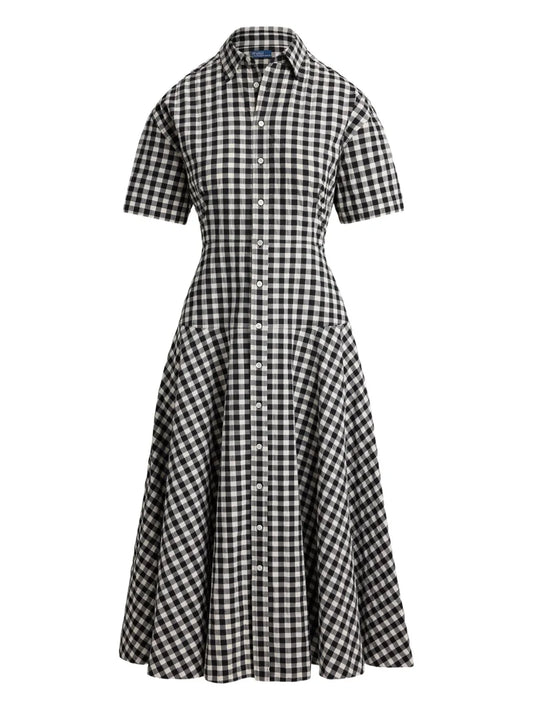 Polo Ralph Lauren Gingham Check Collared Midi Shirt Dress — Black/ Red — Size XS — Front View