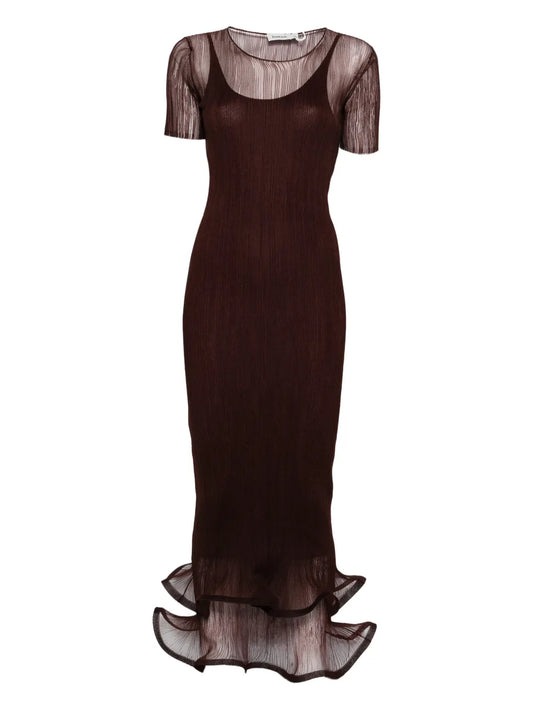 Simkhai Ruffled Selena Midi Dress — Brown — Size XS — Front View