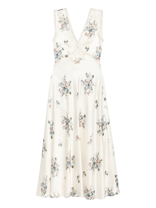 Doen V Neck Floral Print Midi Dress — White — Size XXS — Front View