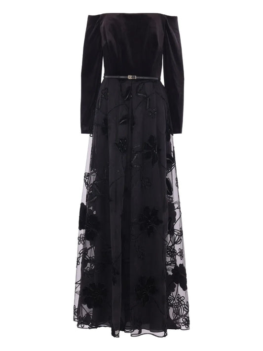 Elie Saab Velvet Floral Embroidered Tulle Dress — Black/ Red — Size XS — Front View