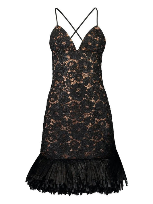 Michael Kors Collection Floral Embroidered Mini Dress — Black/ Red — Size XS — Front View