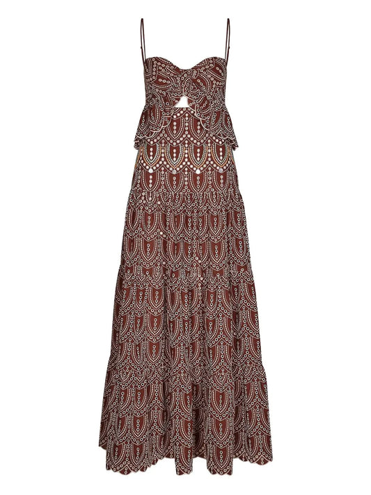 Johanna Ortiz Entre Flechas Embroidered Details Maxi Dress — Brown/ Red — Size S — Front View