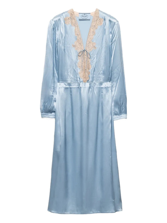 Prada Lace Trim Midi Dress — Blue — Size XS — Front View