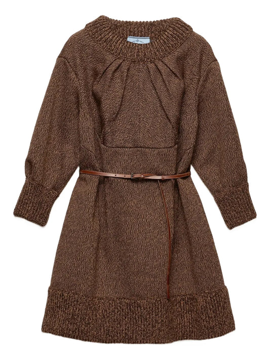 Prada Mouline Wool Mini Dress — Brown — Size XS — Front View