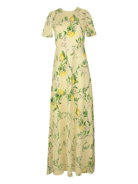 Monique Lhuillier Lemon Print Short Sleeve Gown — Yellow — Size XS — Front View