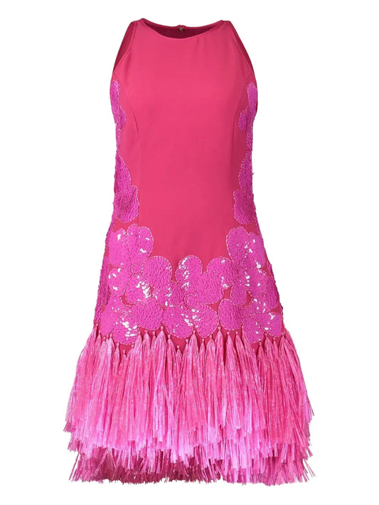 Naeem Khan Sequin Embellished Fringed Mini Dress — Pink — Size S — Front View