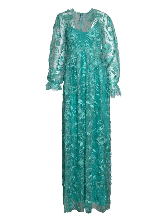 Alberta Ferretti Embroidered Tulle Maxi Dress — Red/ Green — Size XS — Front View