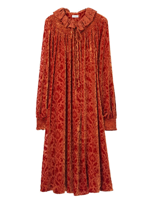 Burberry Long Sleeve Ruffled Midi Dress — Red — Size XS — Front View