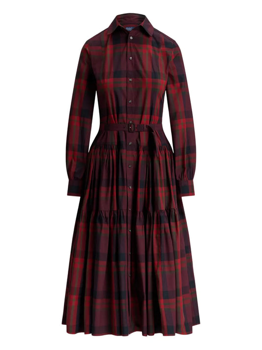 Polo Ralph Lauren Belted Tiered Midi Shirt Dress — Red — Size XS — Front View